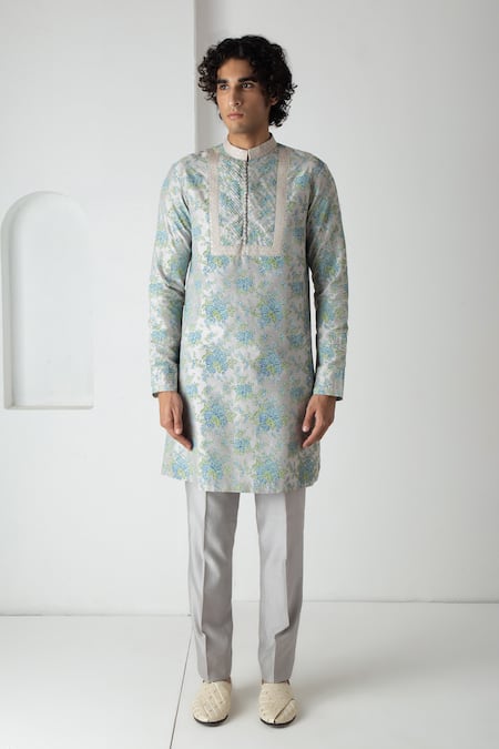 Chhaya Mehrotra Gray Chanderi Ash Grey Block Printed Kurta Set 