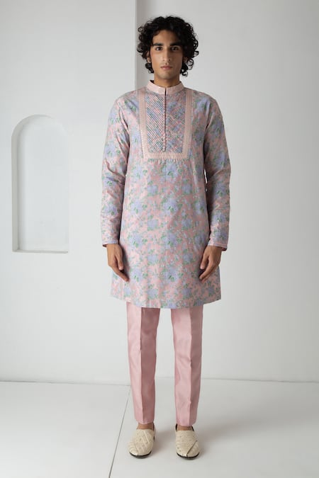 Chhaya Mehrotra Pink Chanderi Dusty Block Printed Kurta Set 