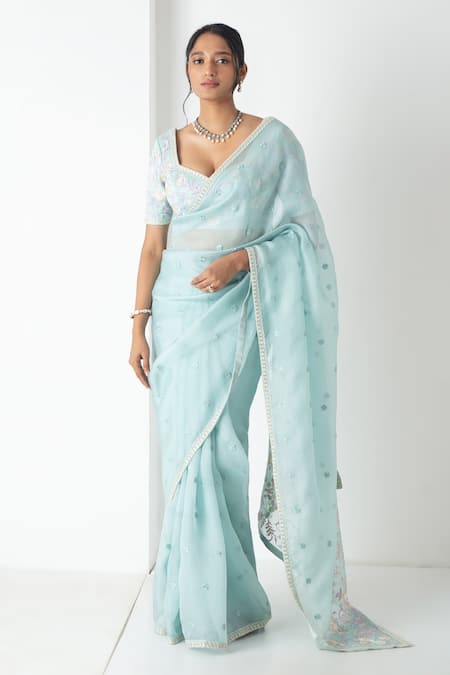 Chhaya Mehrotra Blue Chiffon, Chanderi Embroidery Round Neck Baby Saree With Stitched Blouse 