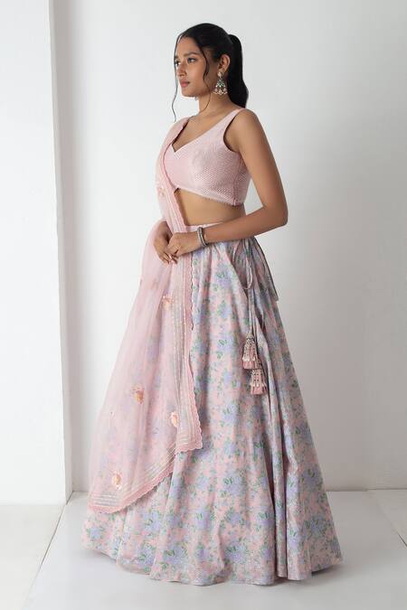 Chhaya Mehrotra Peach Chanderi, Silk Organza Embroidery Round Neck Pink Lehenga Set Online at Aza Fashions Chhaya Mehrotra_Peach Chanderi, Silk Organza Embroidery Round Neck Pink Lehenga Set _Online_at_Aza_Fashions