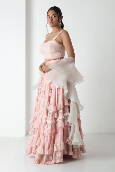 Chhaya Mehrotra Pink Silk Organza, Chanderi Ruffles, Embroidery Carnation Designer Lehenga Set at Aza Fashions Chhaya Mehrotra_Pink Silk Organza, Chanderi Ruffles, Embroidery Carnation Designer Lehenga Set _at_Aza_Fashions