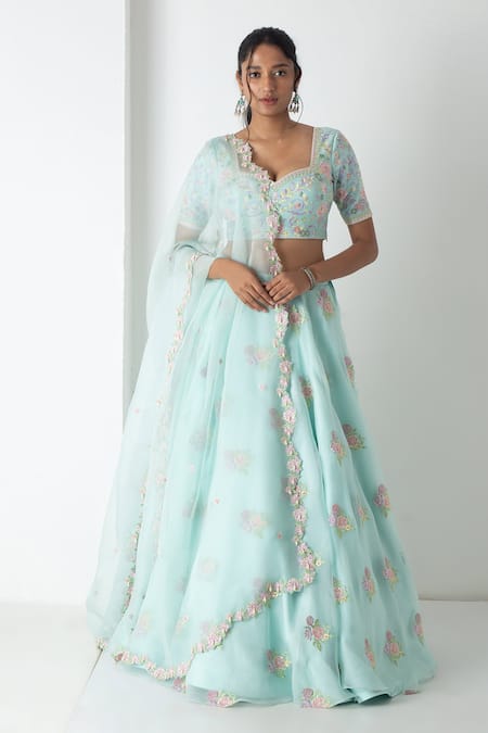 Chhaya Mehrotra Aqua Silk Organza, Chanderi Embroidery Round Neck Floral Lehenga Set 