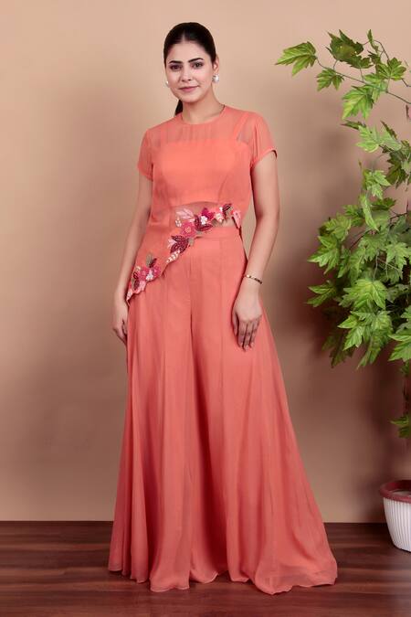 Buy Nidhi Kejriwal Coral Chanderi, Chiffon Embroidery Round Neck Top And Palazzo Set Buy_Nidhi Kejriwal_Coral Chanderi, Chiffon Embroidery Round Neck Top And Palazzo Set