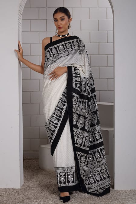 Anita Kanwal Black Modal, Silk And White Designer Saree & Unstitched Blouse Piece Set