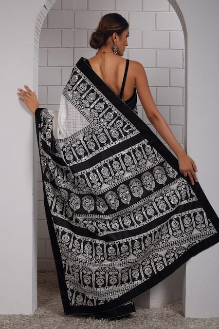 Anita Kanwal Black & White Designer Saree & Unstitched Blouse Piece Set 