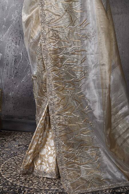 Shop_Anita Kanwal_Silver Silk, Tissue Sequins, Embroidery Designer Banarasi Saree Set _Online_at_Aza_Fashions