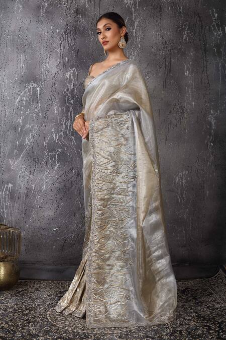 Anita Kanwal_Silver Silk, Tissue Sequins, Embroidery Designer Banarasi Saree Set _at_Aza_Fashions