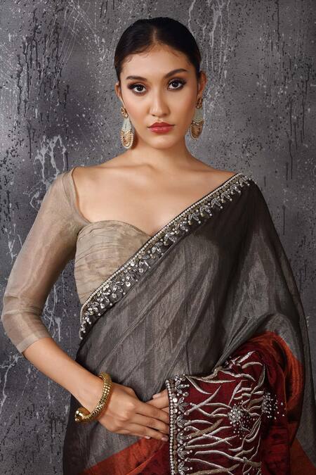 Anita Kanwal_Maroon Silk, Tissue Designer Banarasi Saree With Unstitched Blouse Piece _Online_at_Aza_Fashions