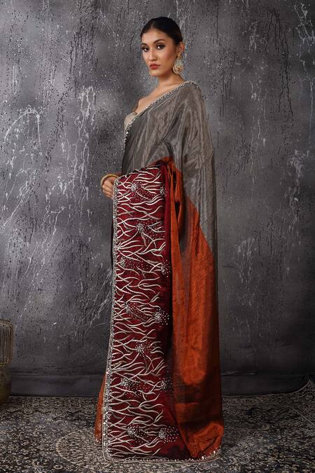 Shop_Anita Kanwal_Maroon Silk, Tissue Designer Banarasi Saree With Unstitched Blouse Piece _Online_at_Aza_Fashions