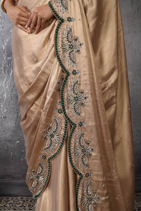 Anita Kanwal_Gold Velvet, Crepe, Tissue Beads, Sequins, And Green Designer Saree & Blouse Set _Online_at_Aza_Fashions
