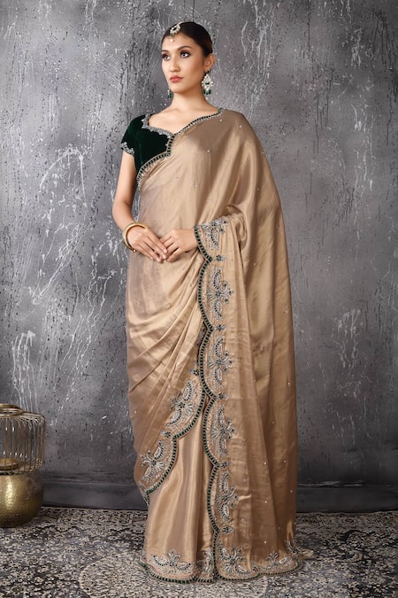 Anita Kanwal Gold Velvet, Crepe, Tissue Beads, Sequins, And Green Designer Saree & Blouse Set 
