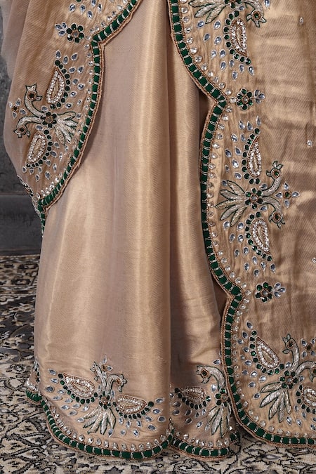 Buy_Anita Kanwal_Gold Velvet, Crepe, Tissue Beads, Sequins, And Green Designer Saree & Blouse Set _Online_at_Aza_Fashions