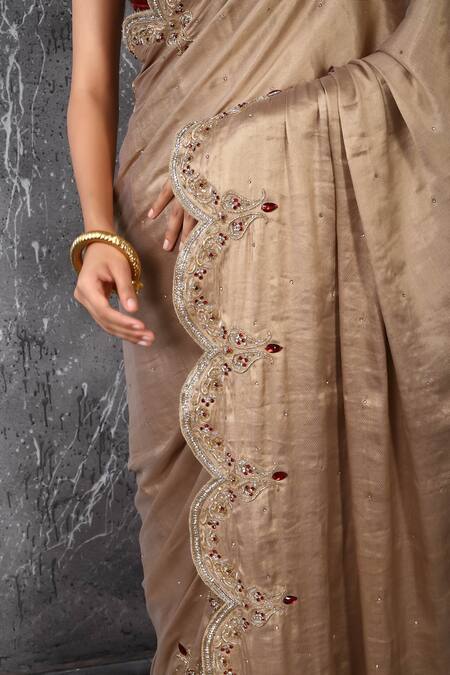 Buy_Anita Kanwal_Gold Velvet, Crepe, Tissue Beads, Sequins, Designer Saree With Blouse _Online_at_Aza_Fashions