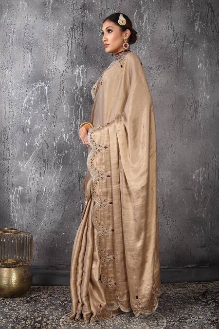 Shop_Anita Kanwal_Gold Velvet, Crepe, Tissue Beads, Sequins, Designer Saree With Blouse _Online_at_Aza_Fashions