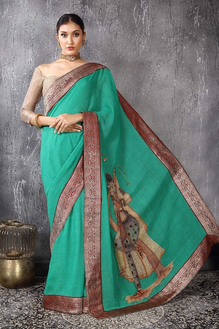 Anita Kanwal Green Handloom Jute Saree With Unstitched Blouse Piece Set 