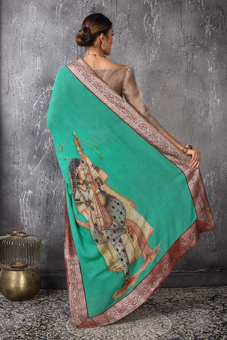 Anita Kanwal Green Handloom Jute Saree With Unstitched Blouse Piece Set 