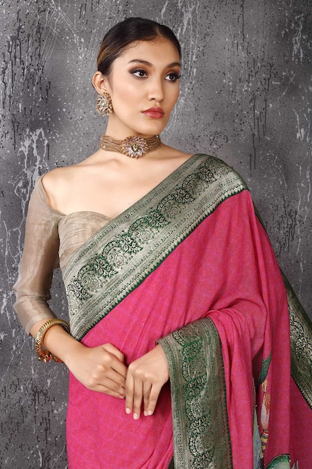 Anita Kanwal_Pink Embroidery Handloom Jute Saree With Unstitched Blouse Piece _Online_at_Aza_Fashions