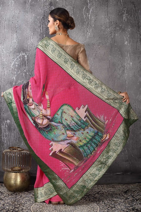 Anita Kanwal Pink Handloom Jute Saree With Unstitched Blouse Piece 