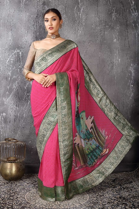 Anita Kanwal Pink Embroidery Handloom Jute Saree With Unstitched Blouse Piece 