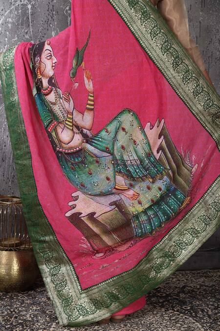 Shop_Anita Kanwal_Pink Embroidery Handloom Jute Saree With Unstitched Blouse Piece _Online_at_Aza_Fashions