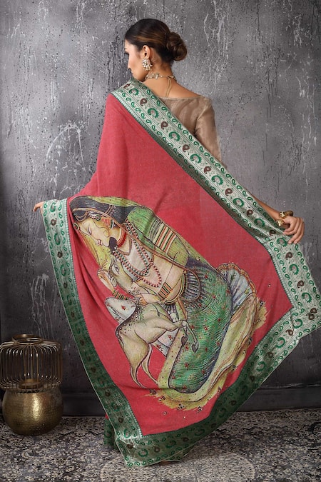 Anita Kanwal Brick Red Handloom Jute Saree & Unstitched Blouse Piece Set 