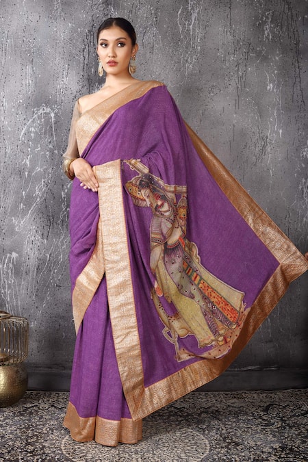 Anita Kanwal Purple Designer Handloom Jute Saree And Unstitched Blouse Piece Set