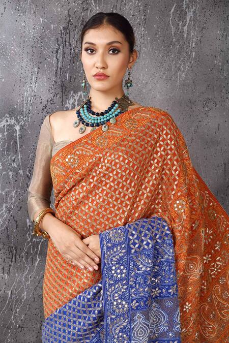 Anita Kanwal_Orange Georgette Designer Electric Blue Saree And Unstitched Blouse Piece Set _Online_at_Aza_Fashions