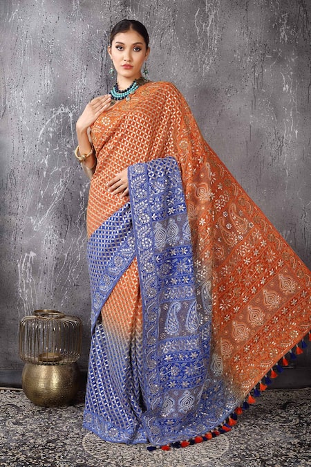 Anita Kanwal Orange Georgette Designer Electric Blue Saree And Unstitched Blouse Piece Set 