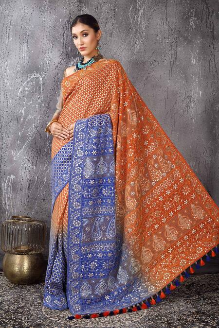 Shop_Anita Kanwal_Orange Georgette Designer Electric Blue Saree And Unstitched Blouse Piece Set _Online_at_Aza_Fashions