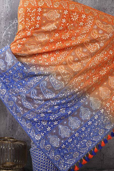 Anita Kanwal_Orange Georgette Designer Electric Blue Saree And Unstitched Blouse Piece Set _at_Aza_Fashions