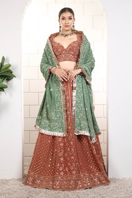 Buy_Anita Kanwal_Rust Georgette Sequins, Embroidery V-neck Orange Lehenga Set _Online_at_Aza_Fashions