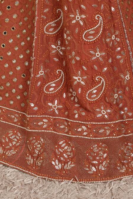 Buy_Anita Kanwal_Rust Georgette Sequins, Embroidery V-neck Orange Lehenga Set 