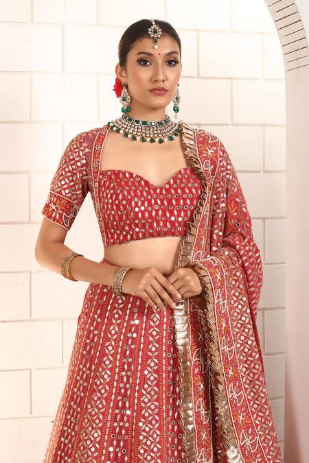 Anita Kanwal_Red Georgette Embroidery, Sequins, Zari Round Designer Strawberry Lehenga Set _Online_at_Aza_Fashions