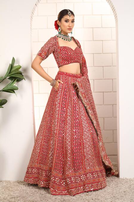 Buy_Anita Kanwal_Red Georgette Embroidery, Sequins, Zari Round Designer Strawberry Lehenga Set _Online_at_Aza_Fashions