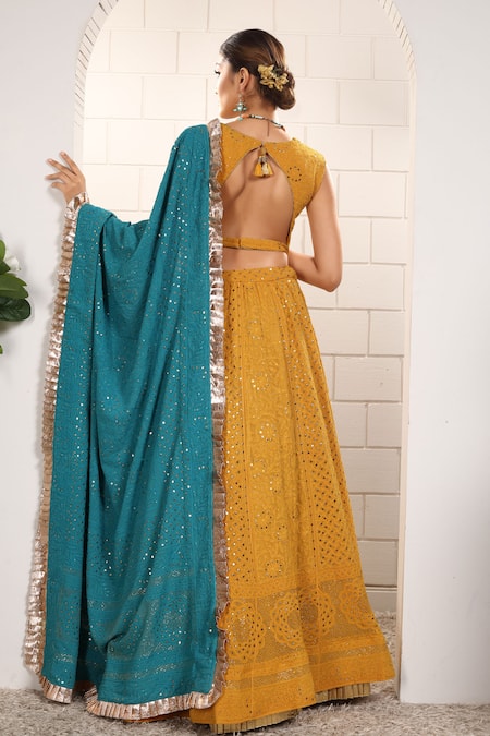 Anita Kanwal Mustard Yellow & Peacock Blue Lehenga Set 