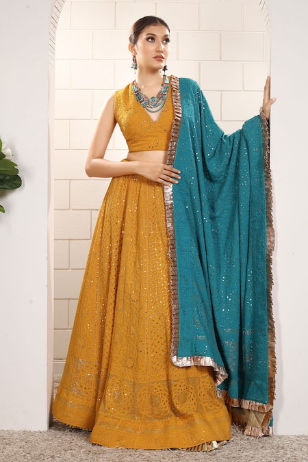 Buy_Anita Kanwal_Mustard Georgette Sequins V-neck Yellow And Peacock Blue Lehenga Set _Online_at_Aza_Fashions