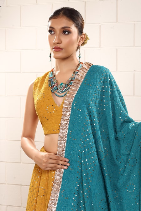 Shop_Anita Kanwal_Mustard Georgette Sequins V-neck Yellow And Peacock Blue Lehenga Set _Online_at_Aza_Fashions