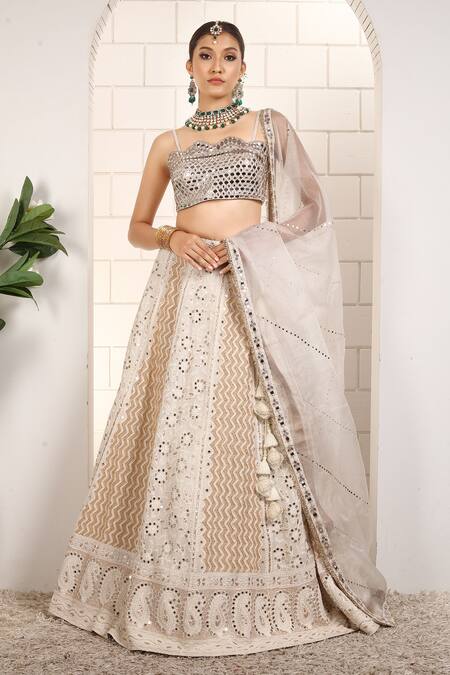 Shop_Anita Kanwal_Silver Georgette, Organza Sequins, Beads, Designer White Lehenga Set 