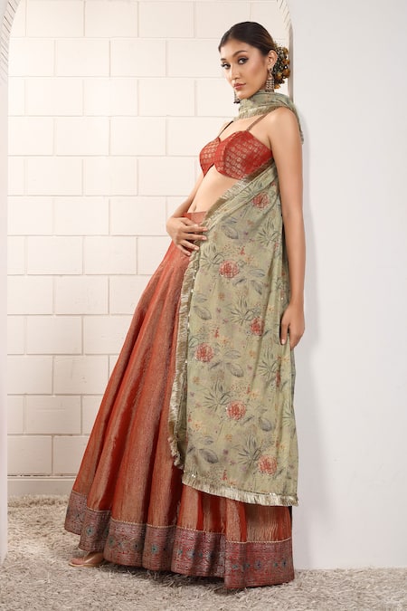 Shop_Anita Kanwal_Red Tissue Sequins, Embroidery V-neck Designer Lehenga Set _Online_at_Aza_Fashions