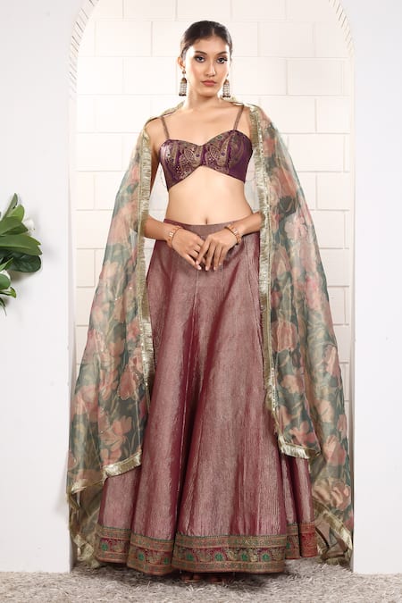 Anita Kanwal Purple Tissue Embroidery Round Neck Designer Lehenga Set 