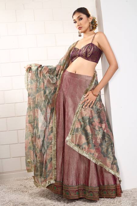 Anita Kanwal_Purple Tissue Embroidery Round Neck Designer Lehenga Set _at_Aza_Fashions