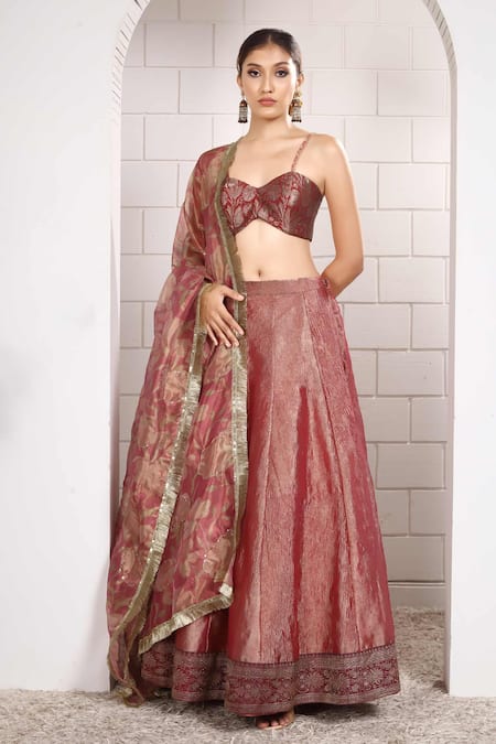 Anita Kanwal Orange Tissue Embroidery Sweetheart Neck, Designer Lehenga Set 