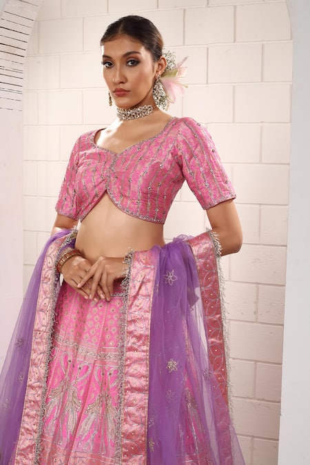 Anita Kanwal_Pink Silk, Net, Brocade Embroidery, Zari Round Neck Banarasi Lehenga Set _Online_at_Aza_Fashions