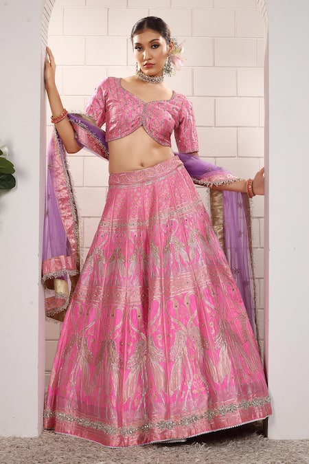Buy_Anita Kanwal_Pink Silk, Net, Brocade Embroidery, Zari Round Neck Banarasi Lehenga Set _Online_at_Aza_Fashions