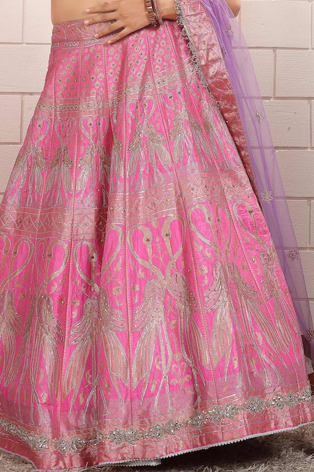 Shop_Anita Kanwal_Pink Silk, Net, Brocade Embroidery, Zari Round Neck Banarasi Lehenga Set _Online_at_Aza_Fashions