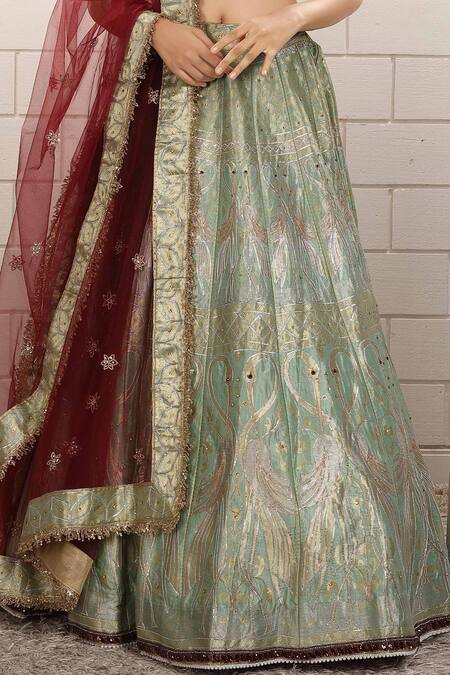 Anita Kanwal_Mint Silk, Net Sequins, Embroidery Square Green And Maroon Designer Lehenga Set _Online_at_Aza_Fashions