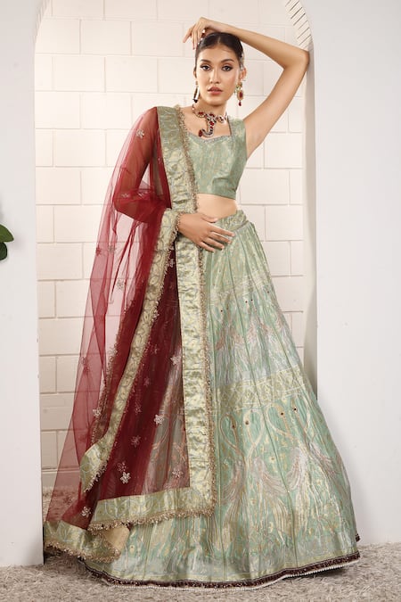 Buy_Anita Kanwal_Mint Silk, Net Sequins, Embroidery Square Green And Maroon Designer Lehenga Set _Online_at_Aza_Fashions