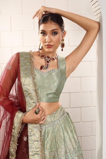 Shop_Anita Kanwal_Mint Silk, Net Sequins, Embroidery Square Green And Maroon Designer Lehenga Set _Online_at_Aza_Fashions