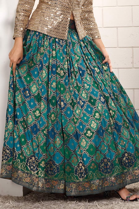 Anita Kanwal_Gold Silk Sequins, Embroidery Blazer And Printed Skirt Set _Online_at_Aza_Fashions