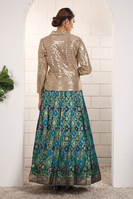 Anita Kanwal Sequin Blazer & Printed Skirt Set 